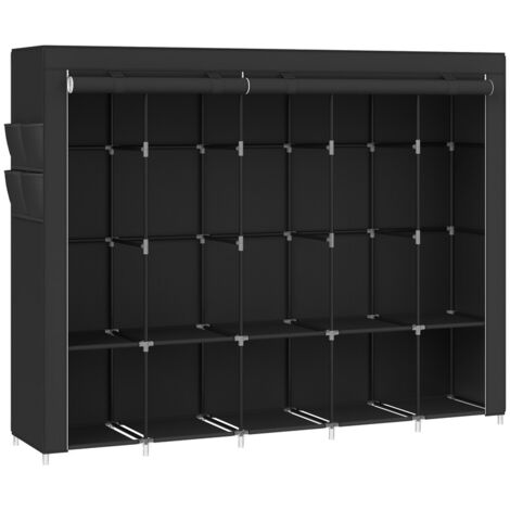 Armoire à vêtements portable avec 5 rails de suspension, étagères, 4 poches latérales, 45 x 211 x 167 cm, grande capacité, noir encre