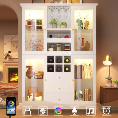 Armoire à vin avec éclairage LED piloté par appli, 180,5x120x40cm, 3 tiroirs, porte-bouteilles & verres à vin, Noir/Blanc