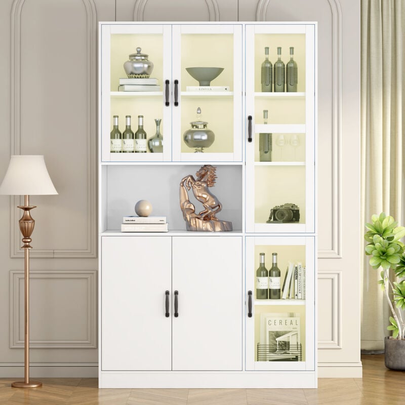 Wishdor - Vitrine blanche, bibliothèque avec porte, armoire de rangement avec lumière led