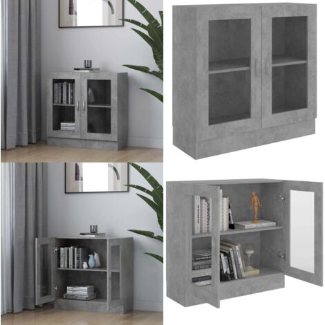 Armoire à vitrine Gris béton 82,5x30,5x80 cm Bois d'ingénierie - Bibliothèque - Meuble De Rangement - Armoire Vitrée - Mobilier Intérieur - Meubles Gris - Home & Living