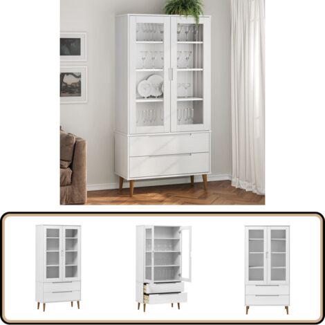 Armoire à vitrine MOLDE Blanc 90x35x175 cm Bois de pin massif - Bibliothèque - Meuble Tv - Armoire Ouverte - Rangement Intérieur - Mobilier Scandinave