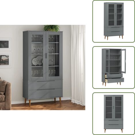 Armoire à vitrine MOLDE Gris 90x35x175 cm Bois de pin massif - Bibliothèque - Meuble Tv - Armoire Ouverte - Rangement Intérieur - Mobilier Scandinave