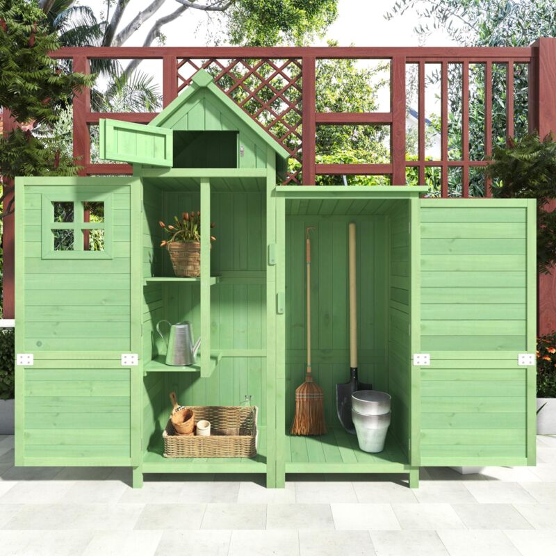 Armoire abr de jardin en bois pour outils avec 2 portes et 2 étagères, porte loquet, toit pente étanche, Vert - Vert