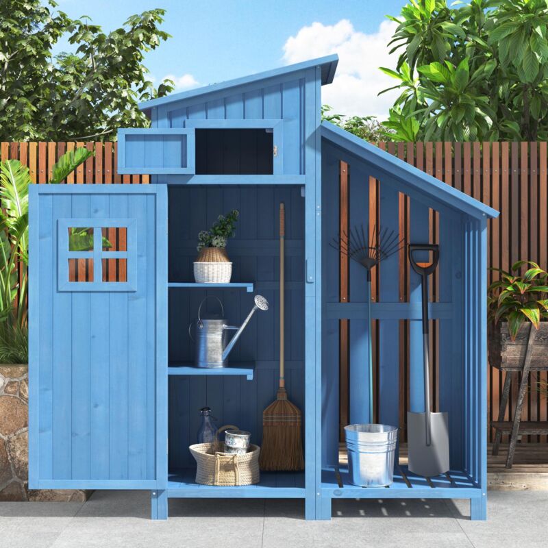 Armoire abr de jardin en bois pour outils avec portes et 2 étagères, porte loquet, toit pente étanche, Bleu - Bleu