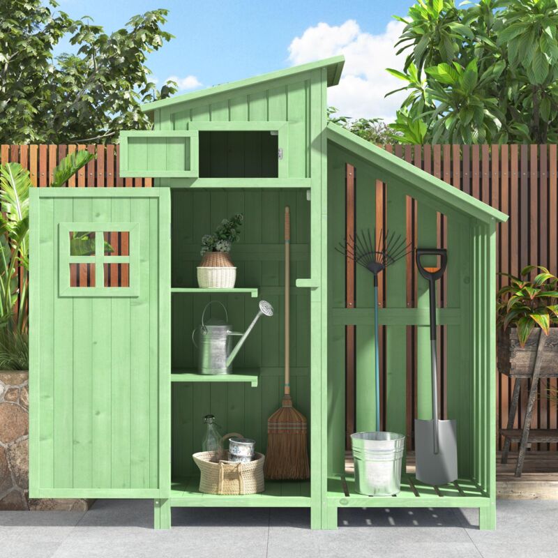 Armoire abr de jardin en bois pour outils avec portes et 2 étagères, porte loquet, toit pente étanche, Vert - Vert