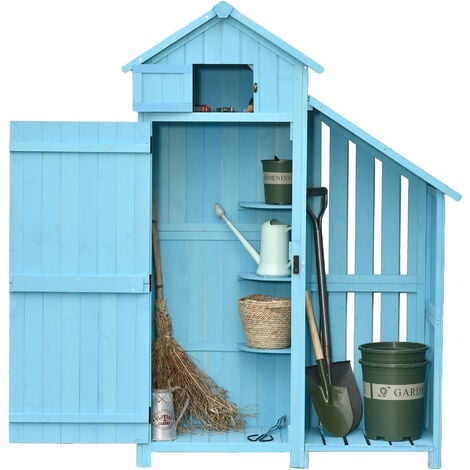 Armoire abri de jardin remise pour outils 3 étagères 2 portes loquets + range-bûches toit pente bitumé bois sapin traité bleu