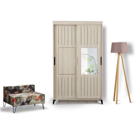 Armoire adulte chêne clair 2 portes coulissantes avec miroir Marka - 8 tailles-Largeur 120 cm