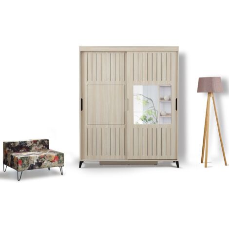 Armoire adulte chêne clair 2 portes coulissantes avec miroir Marka - 8 tailles-Largeur 160 cm
