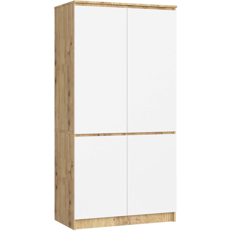 Akord - Armoire S90 Chêne Artisan 90 cm 4 portes façade Blanche 4 étagères 90x51x180 cm