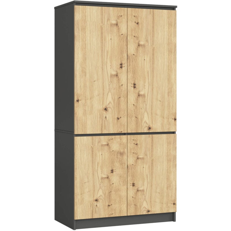 Akord - Armoire S90 Gris Graphite 90 cm 4 portes façade Chêne Artisan 4 étagères 90x51x180 cm
