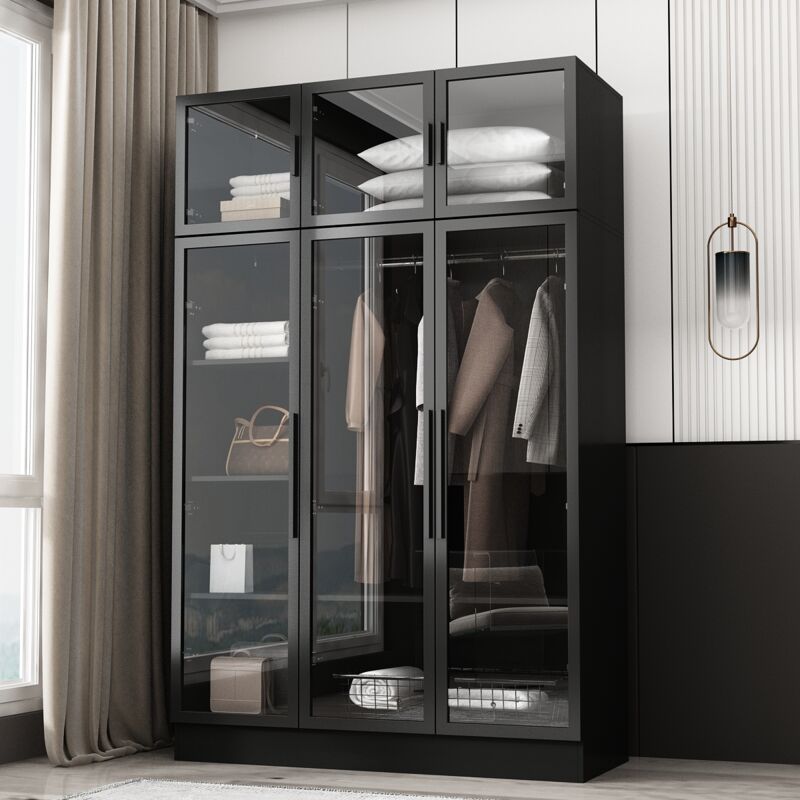 Fufu&gaga - Armoire, armoire en verre, meuble de rangement noir, meuble de chambre à coucher,Armoire penderie avec 6 portes et barre de penderie pour