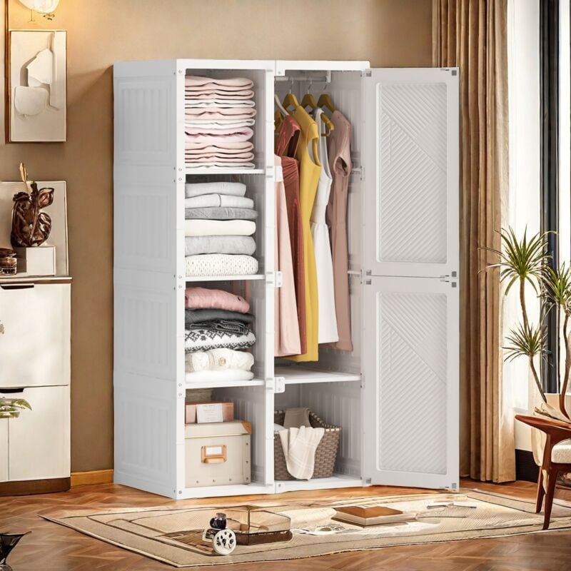 Sureh - Armoire, Armoires portables avec 2 portes et 3 étagères, Armoire pliable, Armoire à vêtements, 69x50x136cm, blanc