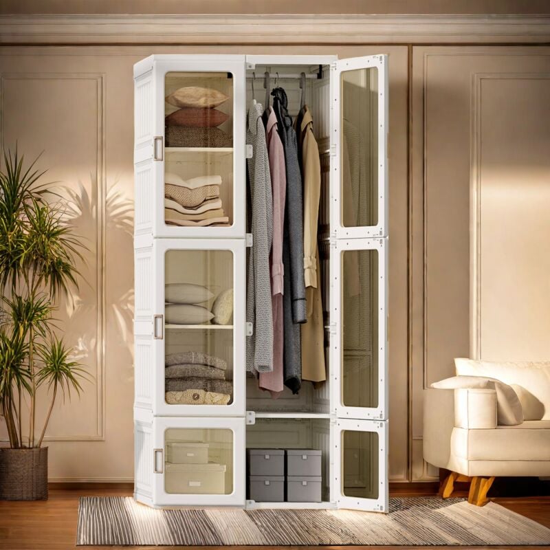 Sureh - Armoire, Armoires portables avec portes transparentes, 10 compartiments 1 suspension, Armoire pliable, Armoire à vêtements, 69x50x170cm, blanc
