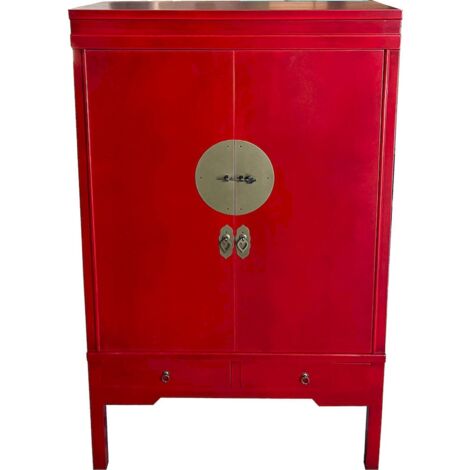 armoire art déco rouge métal avec portes et tiroirs - rouge profond médaillon doré