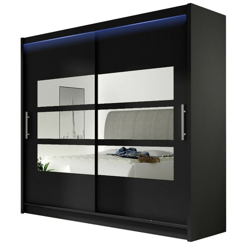 Armoire Atlanta 101, Noir, 215x180x58cm, Portes d'armoire: Glissement, led - Noir