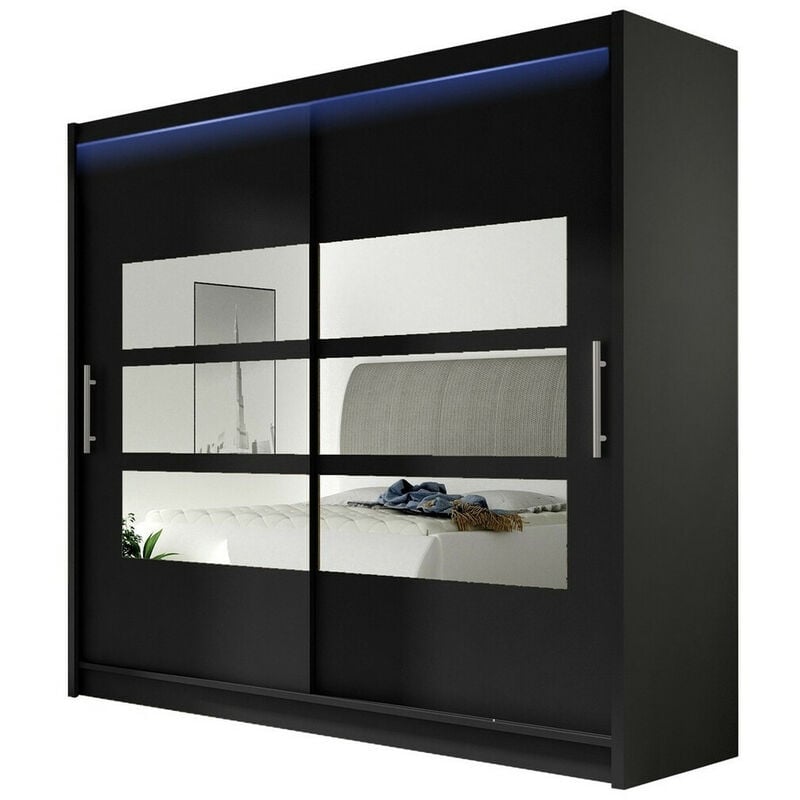 Mobilier1 - Armoire Closico 101, Noir, 215x180x58cm, Portes d'armoire: Coulissantes, Nombre d'étagères: 0, led