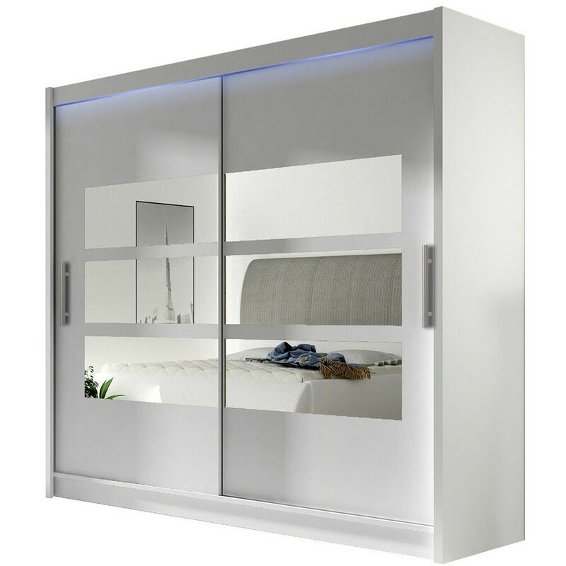 Armoire Atlanta 101, Blanc, 215x180x58cm, Portes d'armoire: Glissement, led - Blanc