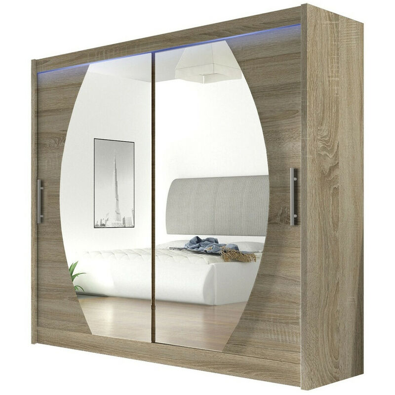 Mobilier1 - Armoire Closico 102, Sonoma chêne, 215x180x58cm, Portes d'armoire: Coulissantes, Nombre d'étagères: 0, led
