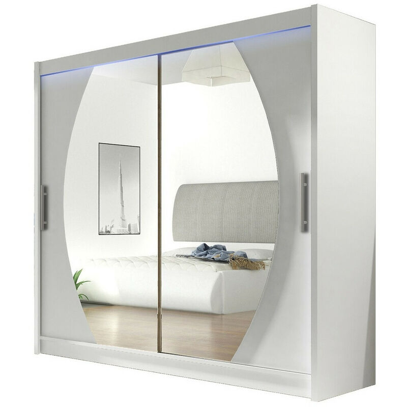 Mobilier1 - Armoire Atlanta 102, Blanc, 215x180x58cm, Portes d'armoire: Glissement, led - Blanc