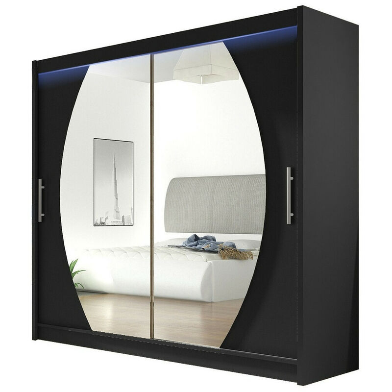 Mobilier1 - Armoire Atlanta 102, Noir, 215x180x58cm, Portes d'armoire: Glissement, led - Noir