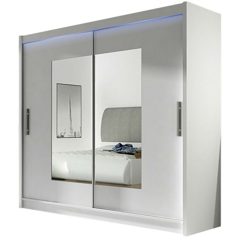 Armoire Closico 106, Blanc, 215x180x58cm, Portes d'armoire: Coulissantes, Nombre d'étagères: 0, LED