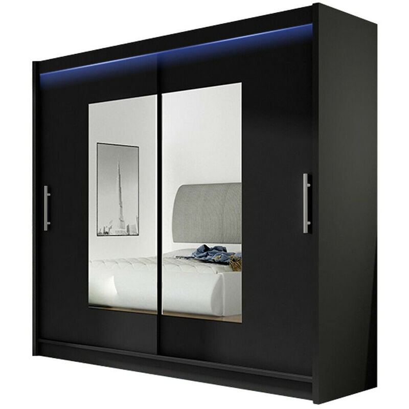 Mobilier1 - Armoire Closico 106, Noir, 215x180x58cm, Portes d'armoire: Coulissantes, Nombre d'étagères: 0, led