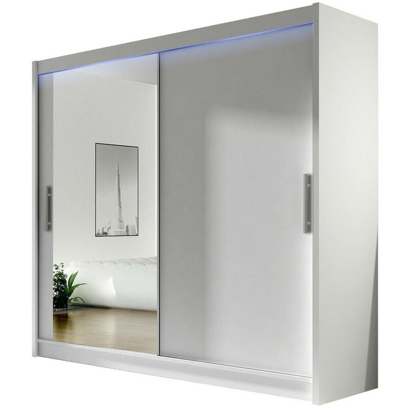 Mobilier1 - Armoire Closico 107, Blanc, 215x180x58cm, Portes d'armoire: Coulissantes, Nombre d'étagères: 0, led