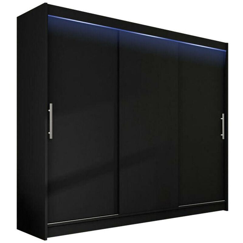 Armoire Atlanta 118, Noir, 215x250x58cm, Portes d'armoire: Glissement, led - Noir