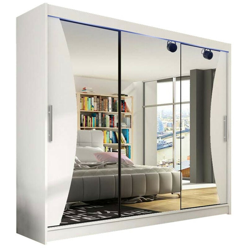 Mobilier1 - Armoire Closico 120, Blanc, 215x250x58cm, Portes d'armoire: Coulissantes, Nombre d'étagères: 0, led