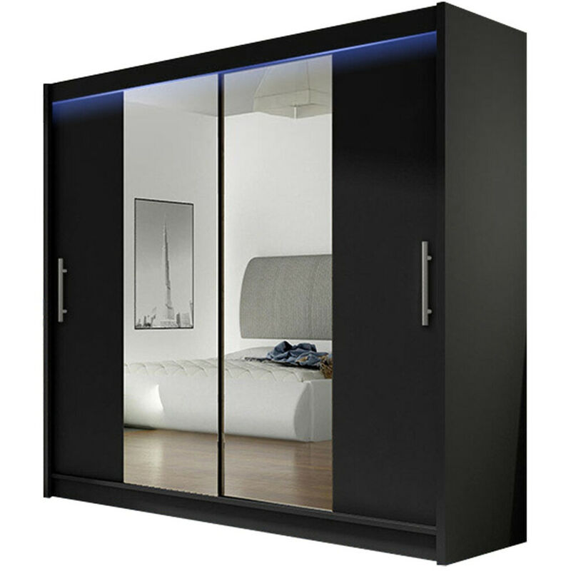 Armoire Atlanta 123, Noir, 215x180x58cm, Portes d'armoire: Glissement, led - Noir