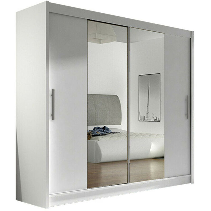 Armoire Atlanta 123, Blanc, 215x180x58cm, Portes d'armoire: Glissement - Blanc