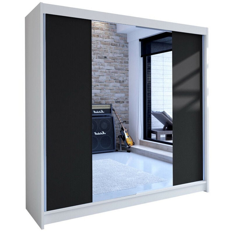 Armoire Closico 138, Blanc + Noir, 215x180x58cm, Portes d'armoire: Coulissantes, Nombre d'étagères: 0