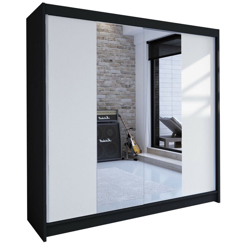Mobilier1 - Armoire Closico 138, Noir + Blanc, 215x180x58cm, Portes d'armoire: Coulissantes, Nombre d'étagères: 0