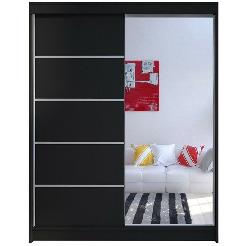 Mobilier1 - Armoire Closico 143, Noir, 200x150x58cm, Portes d'armoire: Coulissantes, Nombre d'étagères: 0