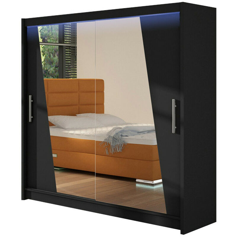 Armoire Closico 144, Noir, 215x180x58cm, Portes d'armoire: Coulissantes, Nombre d'étagères: 0, LED