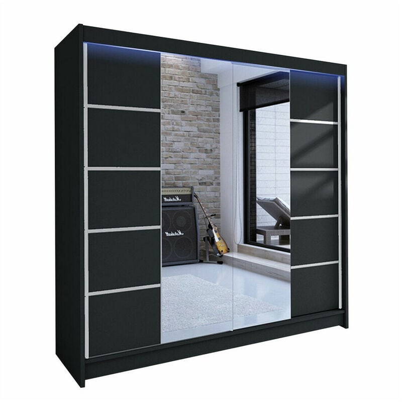 Mobilier1 - Armoire Closico 154, Noir, 215x180x58cm, Portes d'armoire: Coulissantes, Nombre d'étagères: 0, led