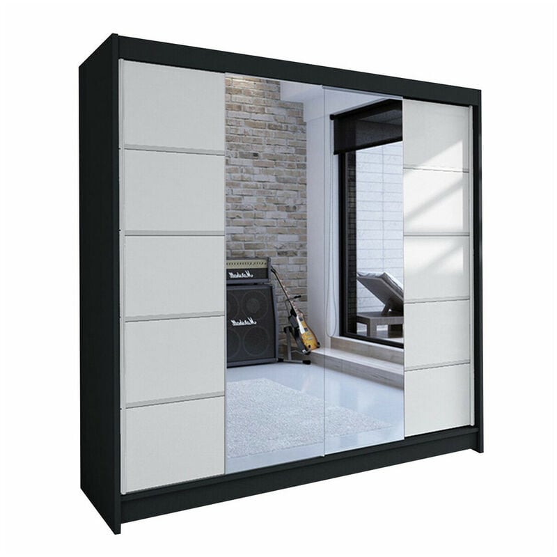 Mobilier1 - Armoire Closico 154, Noir + Blanc, 215x180x58cm, Portes d'armoire: Coulissantes, Nombre d'étagères: 0