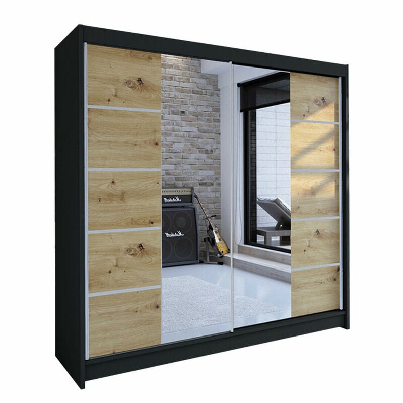 Mobilier1 - Armoire Closico 154, Noir + Chêne Artisan, 215x180x58cm, Portes d'armoire: Coulissantes, Nombre d'étagères: 0