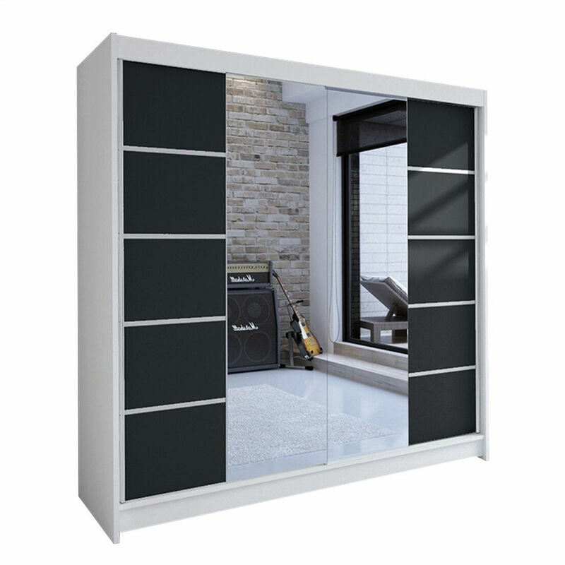 Mobilier1 - Armoire Closico 154, Blanc + Noir, 215x180x58cm, Portes d'armoire: Coulissantes, Nombre d'étagères: 0