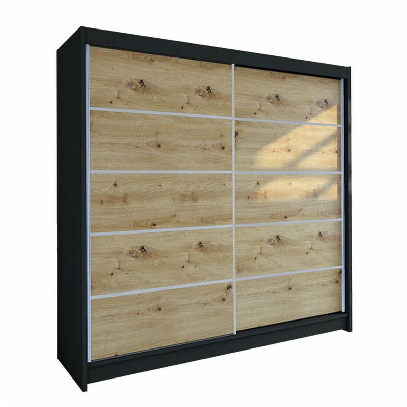 Mobilier1 - Armoire Closico 153, Noir + Chêne Artisan, 215x180x58cm, Portes d'armoire: Coulissantes, Nombre d'étagères: 0