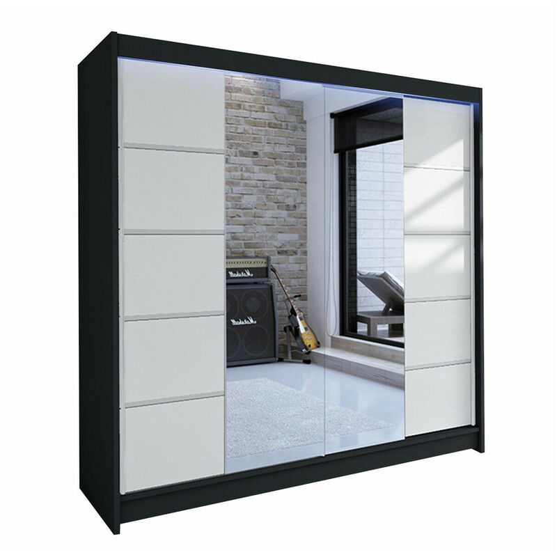 Mobilier1 - Armoire Closico 154, Noir + Blanc, 215x180x58cm, Portes d'armoire: Coulissantes, Nombre d'étagères: 0, led