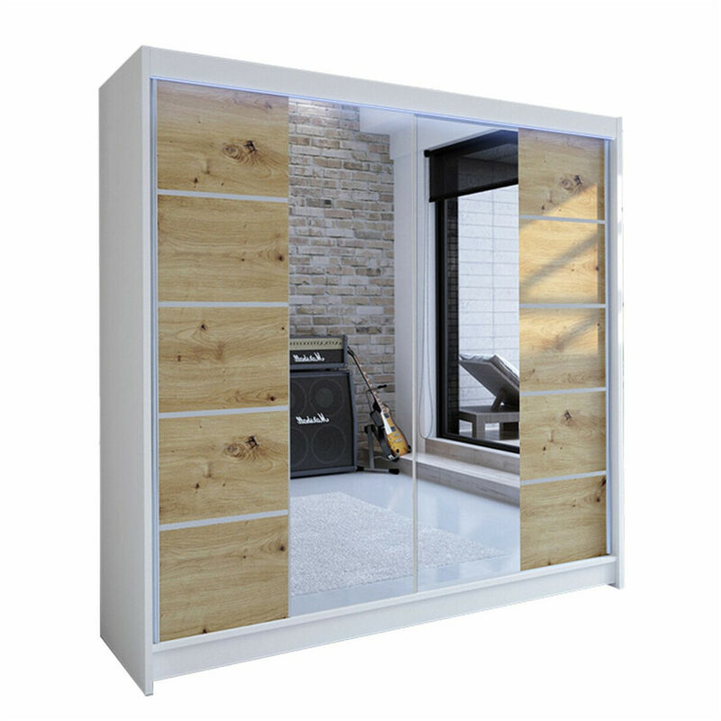 Mobilier1 - Armoire Closico 154, Blanc + Chêne Artisan, 215x180x58cm, Portes d'armoire: Coulissantes, Nombre d'étagères: 0, led