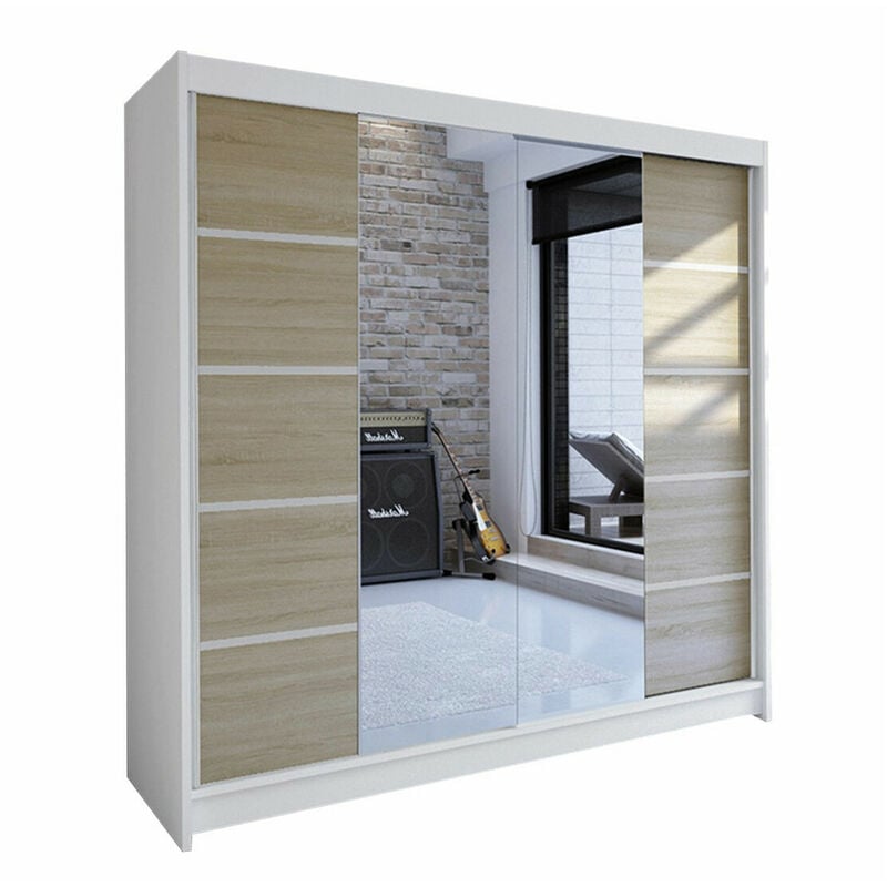 Mobilier1 - Armoire Closico 154, Blanc + Sonoma chêne, 215x180x58cm, Portes d'armoire: Coulissantes, Nombre d'étagères: 0