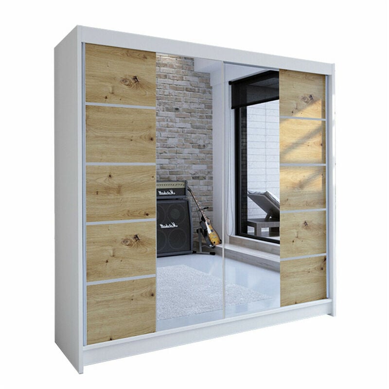 Mobilier1 - Armoire Closico 154, Blanc + Chêne Artisan, 215x180x58cm, Portes d'armoire: Coulissantes, Nombre d'étagères: 0