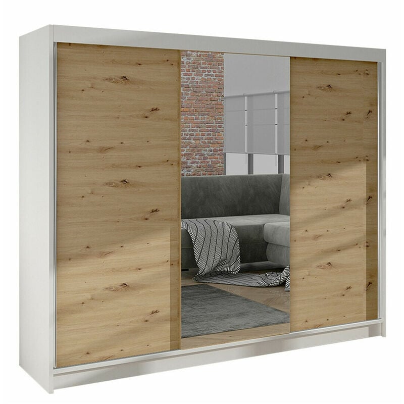 Mobilier1 - Armoire Closico 158, Chêne Artisan + Blanc, 215x200x58cm, Portes d'armoire: Coulissantes, Nombre d'étagères: 0