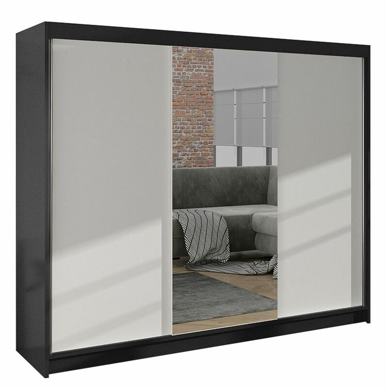 Mobilier1 - Armoire Closico 158, Noir + Blanc, 215x200x58cm, Portes d'armoire: Coulissantes, Nombre d'étagères: 0