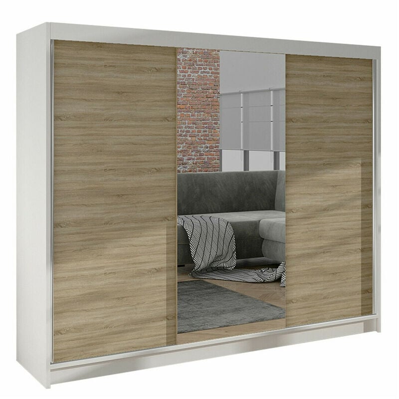 Mobilier1 - Armoire Closico 158, Blanc + Sonoma chêne, 215x200x58cm, Portes d'armoire: Coulissantes, Nombre d'étagères: 0