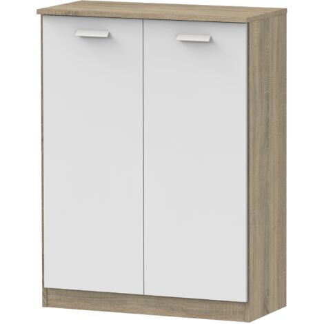 Armoire auxiliaire meuble multi-usages basse à 2 portes coloris Blanc et Chêne cambrien - Longueur 74 x Profondeur 36 x Hauteur 101 cm