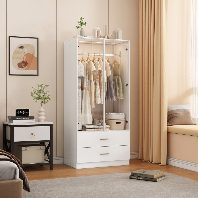 Armoire avec 2 tiroirs et 2 portes, bande lumineuse LED intégrée, grand espace de rangement, charnières à fermeture amortie, design moderne, Blanc