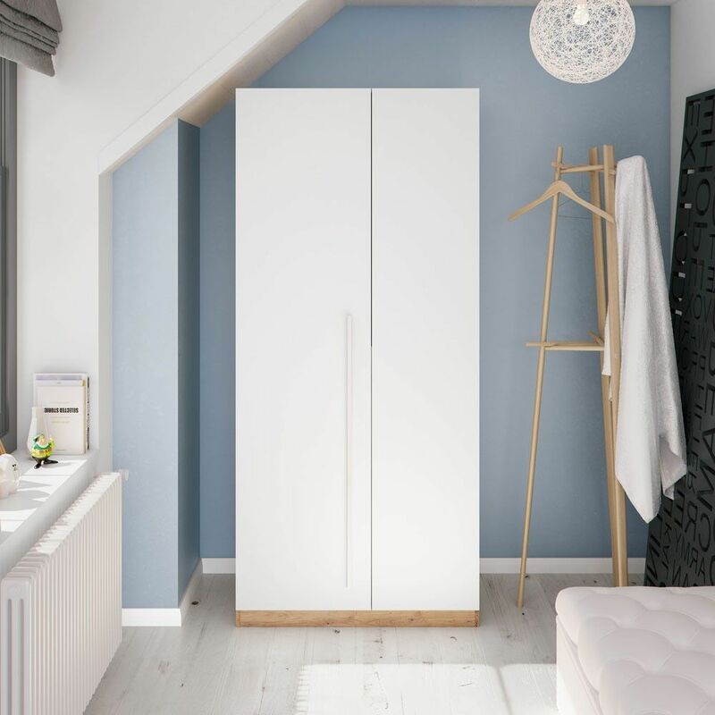 Armoire moderne avec 2 portes battantes, Armoire de chambre avec 3 étagères et tringle à vêtements, Cm 90x52h200, couleur Chêne avec effet nœuds et